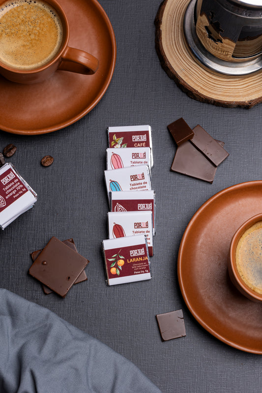 Tablete de chocolate 5g (ao leite, branco, meio amargo, menta, laranja e café)